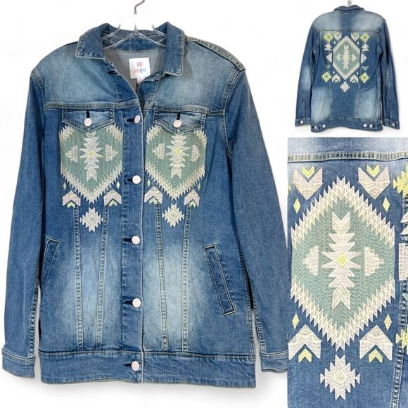 Western Embroidered Denim Jacket Blue Green Aztec Print Small - Picture 2 of 10
